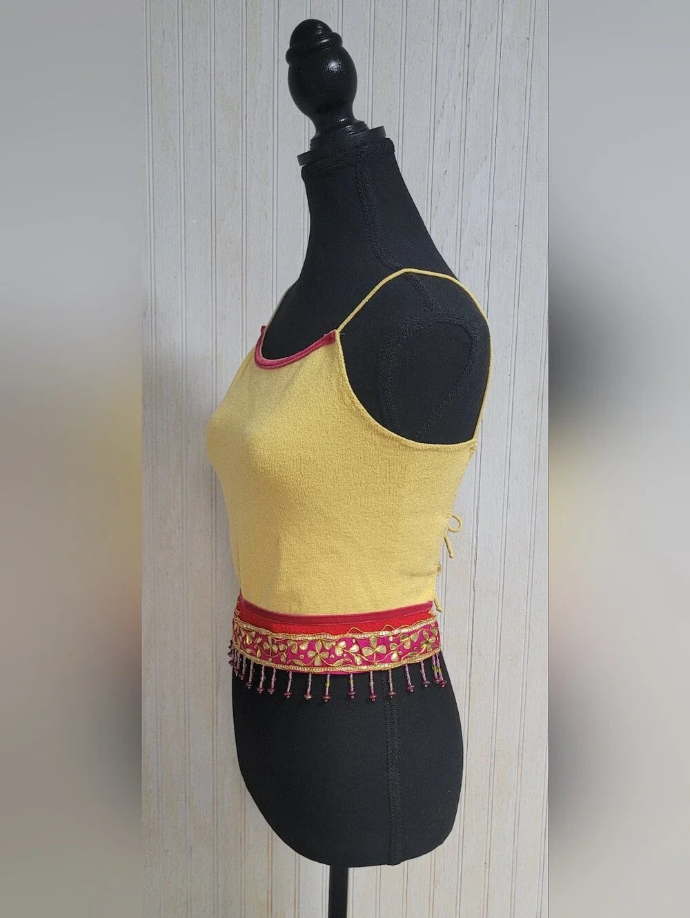 Vintage 90s Y2K Cache Yellow Beaded Fringe Open Back Cami Crop Top Large - Picture 3 of 13